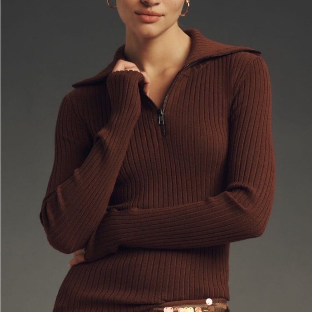 Maeve Brown Ribbed Long Sleeve Top Anthropologie Sz L
